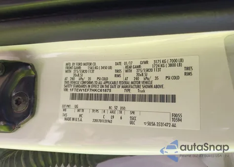 2017 Ford F-150 Lariat z USA, uszkodzony, nr VIN 1FTEW1EF7HKC61875